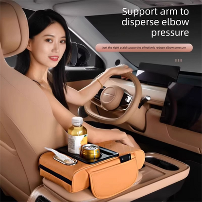 Beige Car Central Armrest Box Raiser Pad with Cup Holder, Tissue Box & Phone Storage - 4-in-1 V888-ELOSUNG48048