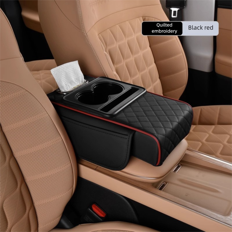Black and red Car Central Armrest Box Raiser Pad with Cup Holder, Tissue Box & Phone Storage - 4-in-1 V888-ELOSUNG48049