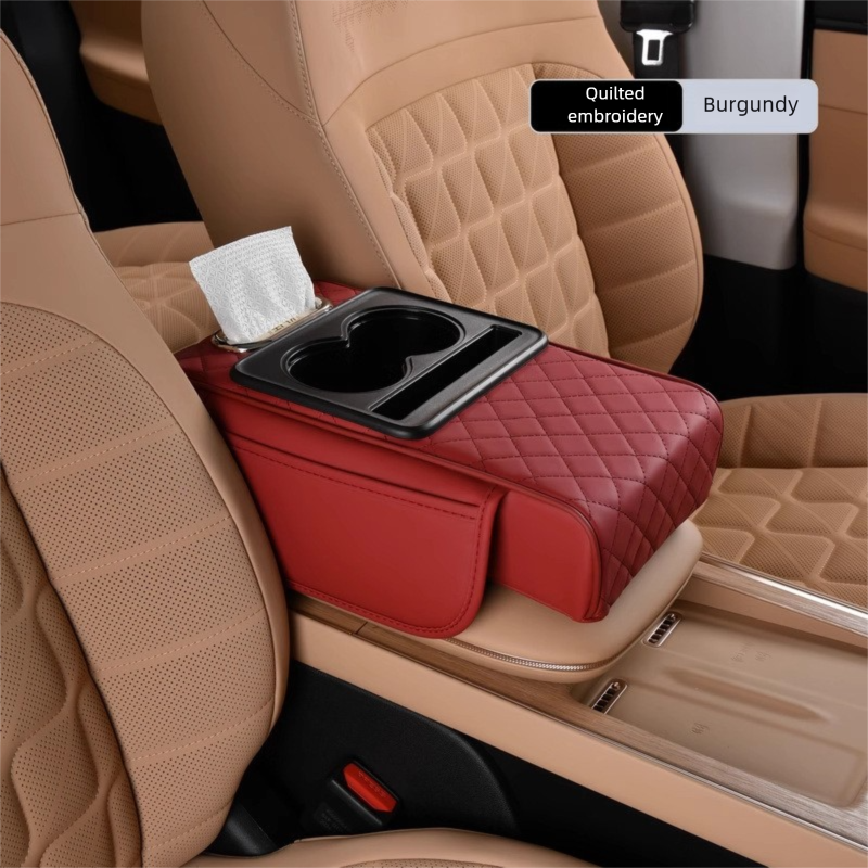 Wine red Car Central Armrest Box Raiser Pad with Cup Holder, Tissue Box & Phone Storage - 4-in-1 V888-ELOSUNG48051