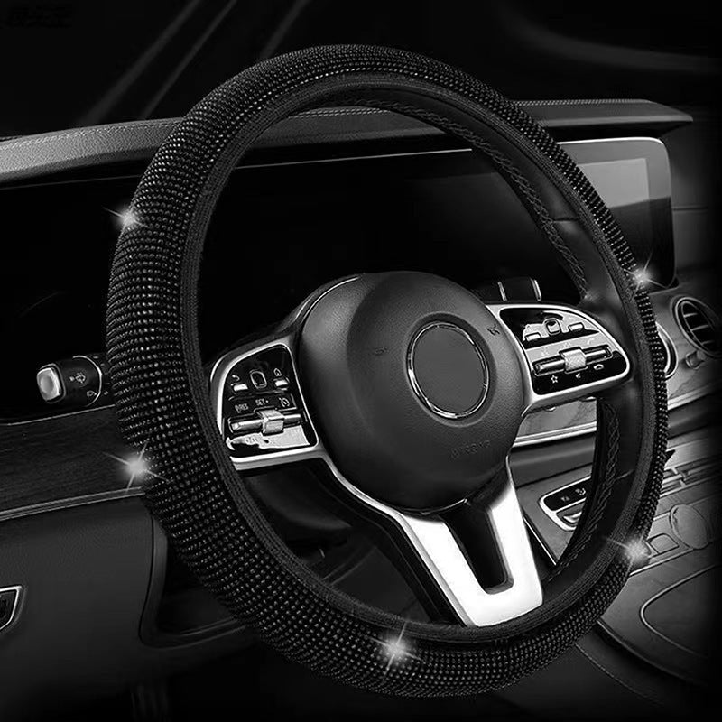 Black Crystal Rhinestone Steering Wheel Cover - Elastic Stretch Design with Full Diamond Embellishment V888-ELOSUNG48058