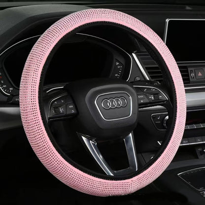Bright pink Crystal Rhinestone Steering Wheel Cover - Elastic Stretch Design with Full Diamond Embellishment V888-ELOSUNG48063