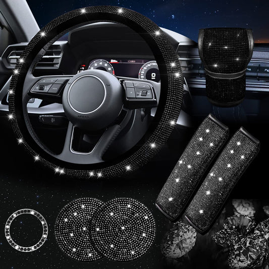 Black 7-Piece Car Interior Decoration Set - Crystal Rhinestone Steering Wheel Cover, Gear Shift Cover, Seat V888-ELOSUNG48072