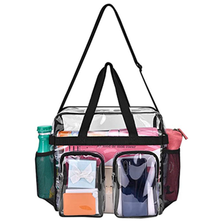 Black Clear Multi-Pocket Tote Bag - Waterproof & Organized Carryall with Front Zipper Pockets and Adjustable V888-ELOSUNG48079