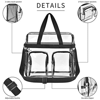 Black Clear Multi-Pocket Tote Bag - Waterproof & Organized Carryall with Front Zipper Pockets and Adjustable V888-ELOSUNG48079