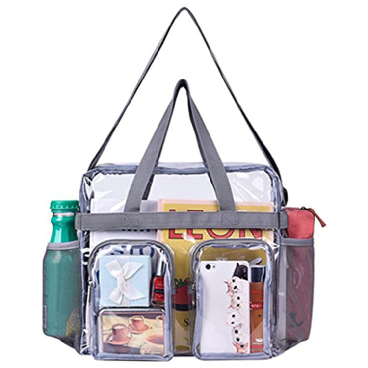 Grey Clear Multi-Pocket Tote Bag - Waterproof & Organized Carryall with Front Zipper Pockets and Adjustable V888-ELOSUNG48080