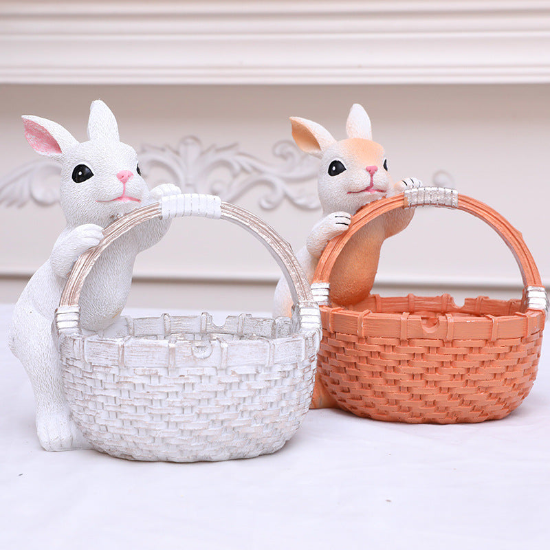 White Easter Rabbit Resin Decor with Basket - Festive Home Ornament for Spring and Holiday Display V888-ELOSUNG48092