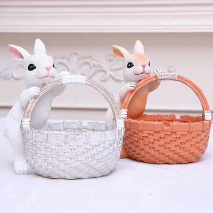 White Easter Rabbit Resin Decor with Basket - Festive Home Ornament for Spring and Holiday Display V888-ELOSUNG48092