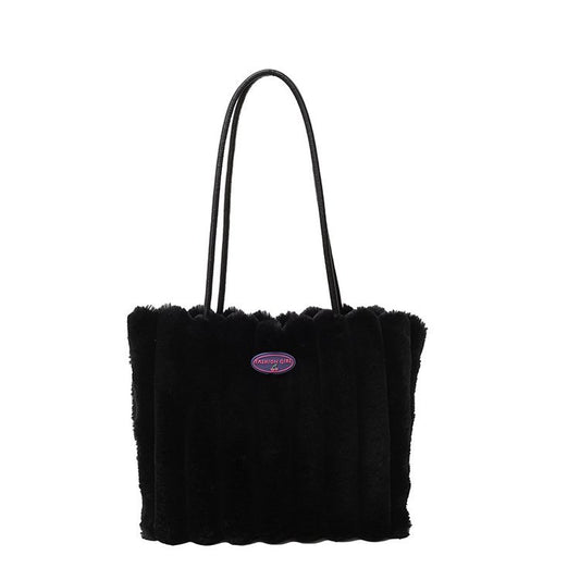 Black Faux Fur Tote Bag with Large Capacity, Soft Plush Material & Adjustable Handle - Stylish Shoulder V888-ELOSUNG48153