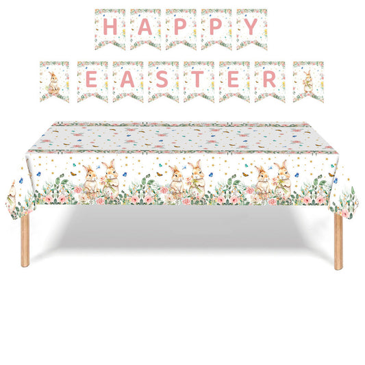 Easter Party Decoration Set - Floral Bunny Tablecloth 137x274cm + Happy Easter Banner, Spring-Themed Decor V888-ELOSUNG48213
