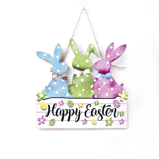 Colorful 2-Pack Easter Bunny Wooden Sign - Colorful Wooden Hanging Decor with "Happy Easter" Text, Spring V888-ELOSUNG48240