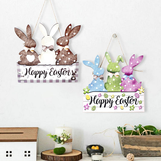 Coffee color 2-Pack Easter Bunny Wooden Sign - Colorful Wooden Hanging Decor with "Happy Easter" Text, Spring V888-ELOSUNG48241