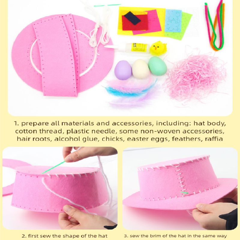 Yellow DIY Easter Hat Craft Kit - Kids' Handmade Decoration Set with Accessories for Easter Parties, School V888-ELOSUNG48244