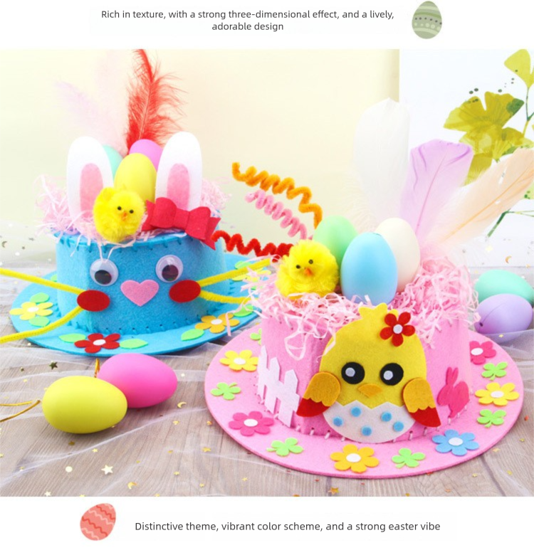Yellow DIY Easter Hat Craft Kit - Kids' Handmade Decoration Set with Accessories for Easter Parties, School V888-ELOSUNG48244