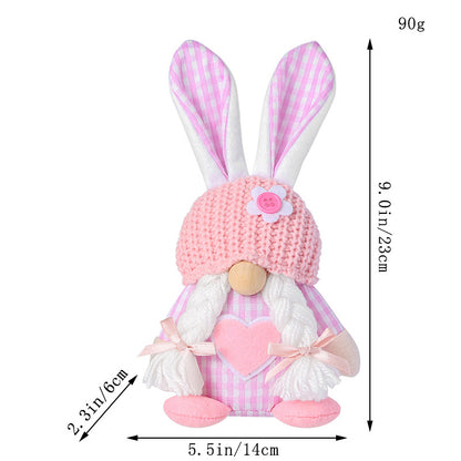 Pink Easter Plush Bunny Gnome Figurine - Decorative Doll with Long Hair and Checkered Ears for Home Display V888-ELOSUNG48271
