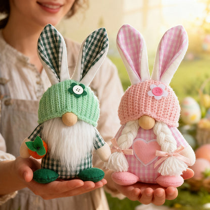Pink Easter Plush Bunny Gnome Figurine - Decorative Doll with Long Hair and Checkered Ears for Home Display V888-ELOSUNG48271