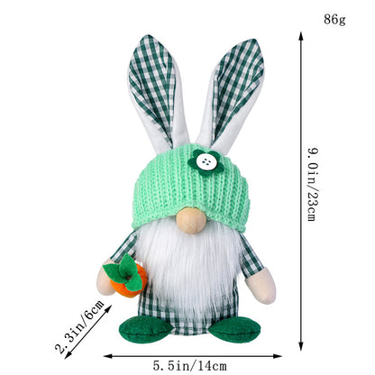 Green Easter Plush Bunny Gnome Figurine - Decorative Doll with Long Hair and Checkered Ears for Home Display V888-ELOSUNG48272