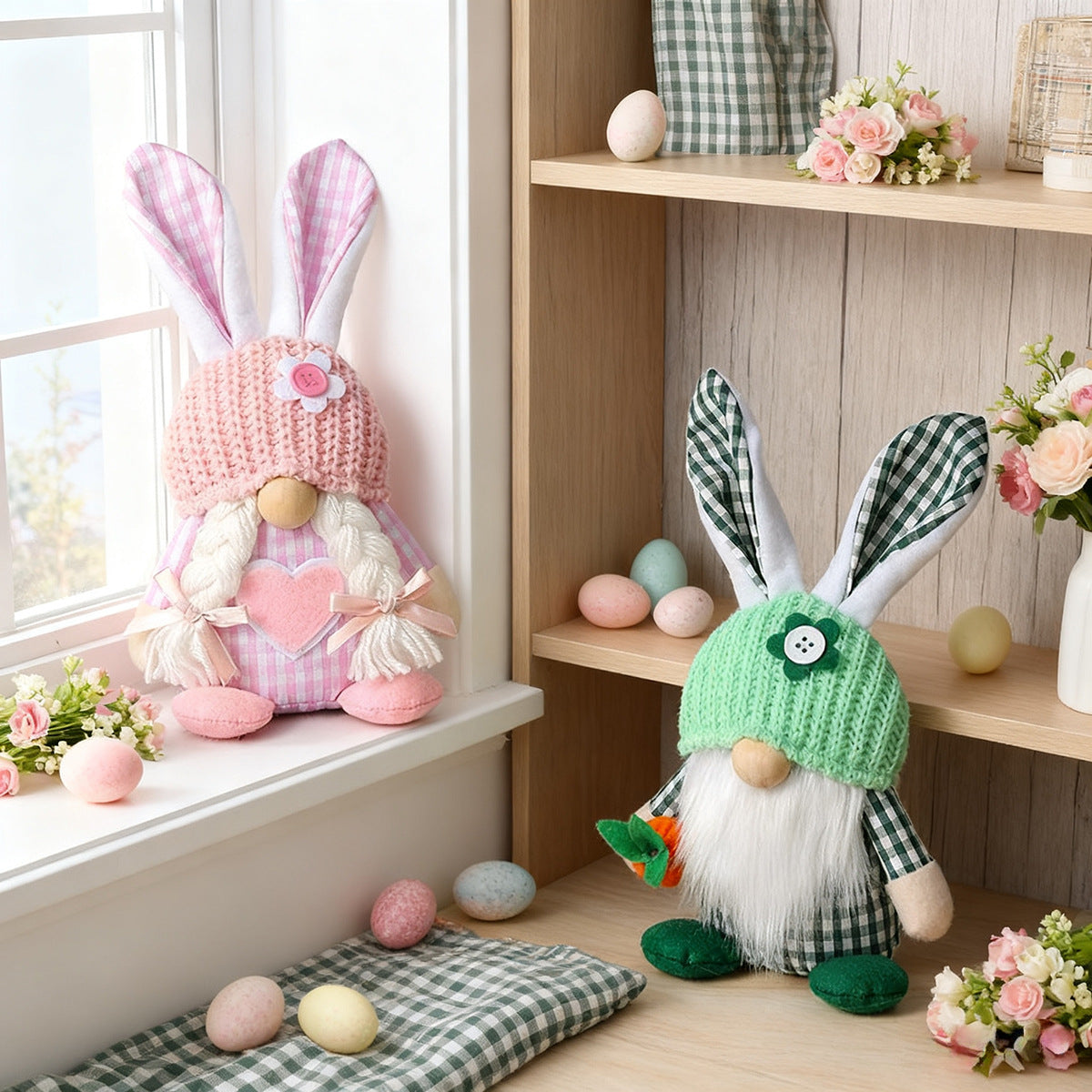 Green Easter Plush Bunny Gnome Figurine - Decorative Doll with Long Hair and Checkered Ears for Home Display V888-ELOSUNG48272