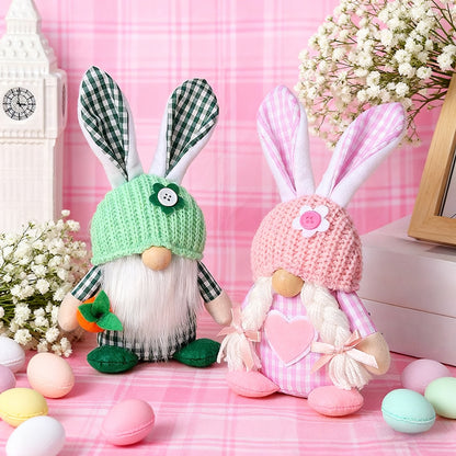Green Easter Plush Bunny Gnome Figurine - Decorative Doll with Long Hair and Checkered Ears for Home Display V888-ELOSUNG48272