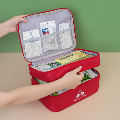 Red Compact Double-Layer Medicine Storage Case - Portable First Aid Organizer for Home, Travel & Emergency Use V888-ELOSUNG48279