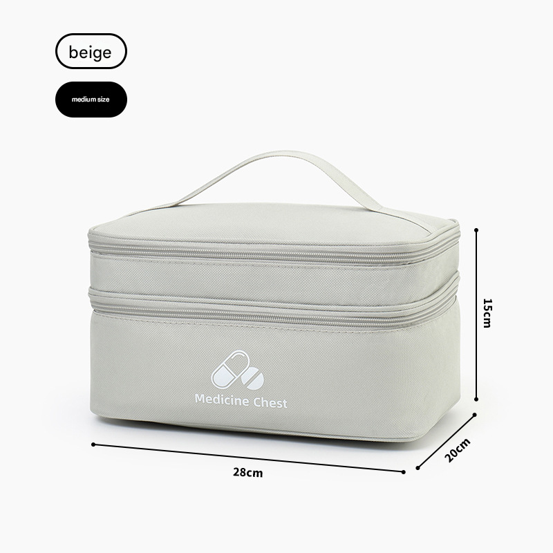 Beige Medium Double-Layer Medicine Organizer - Portable First Aid Storage Case with Multiple Compartments for V888-ELOSUNG48284