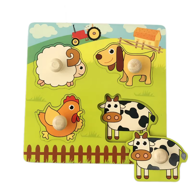 Farm Hand-Grip Puzzle Board - Educational Shape Matching Toy for Early Learning, 14.5cm Square Design V888-ELOSUNG48367