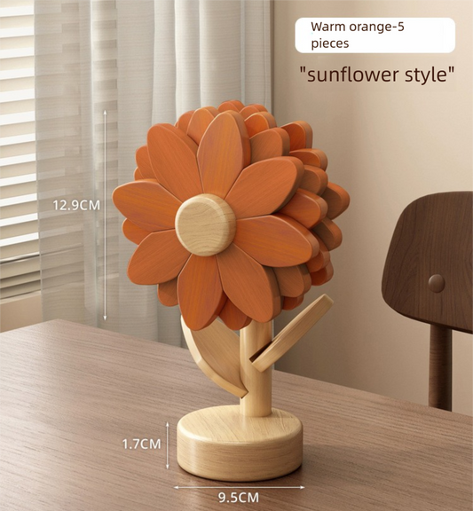 5-Piece Floral-Shaped Trivet Set with Stand - Wooden Heat Resistant Pad for Table, Dish, Pot or Cup(Warm V888-ELOSUNG48382