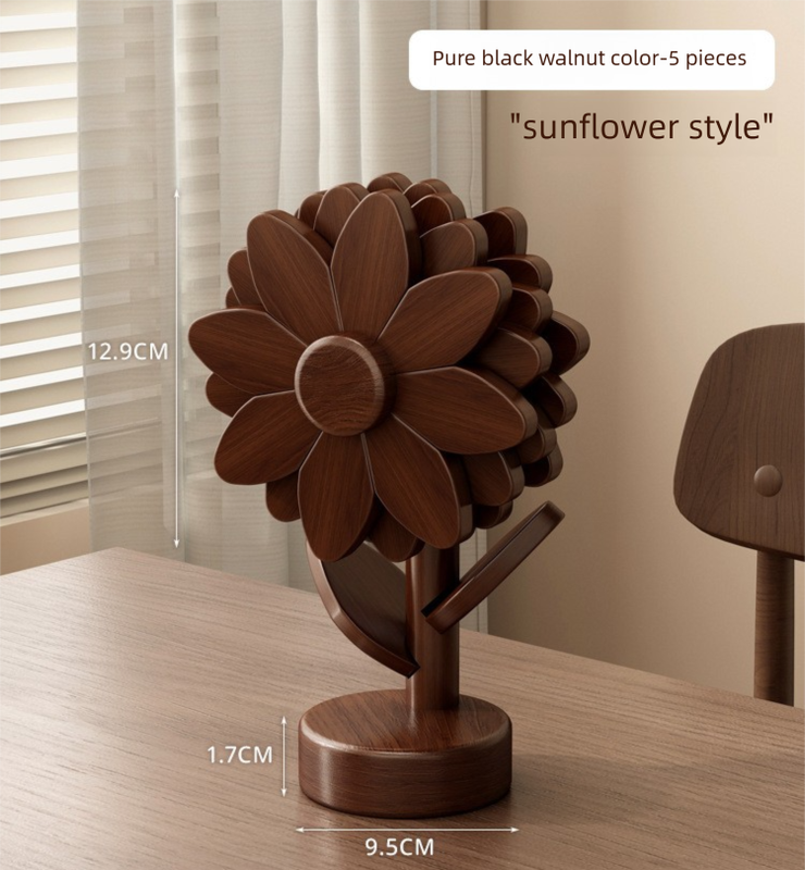 5-Piece Floral-Shaped Trivet Set with Stand - Wooden Heat Resistant Pad for Table, Dish, Pot or Cup(Walnut V888-ELOSUNG48383