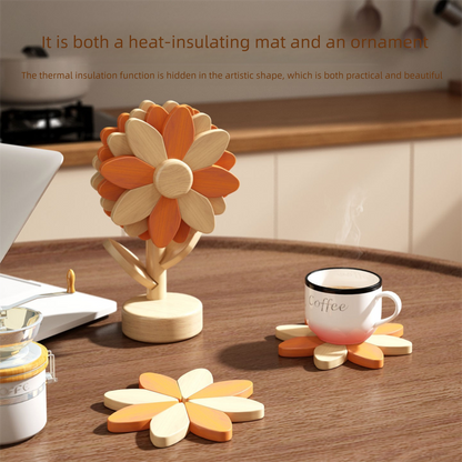 5-Piece Floral-Shaped Trivet Set with Stand - Wooden Heat Resistant Pad for Table, Dish, Pot or Cup(Walnut V888-ELOSUNG48383