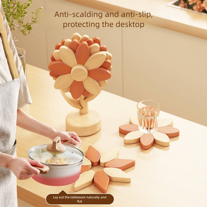 5-Piece Floral-Shaped Trivet Set with Stand - Wooden Heat Resistant Pad for Table, Dish, Pot or Cup(Walnut V888-ELOSUNG48383