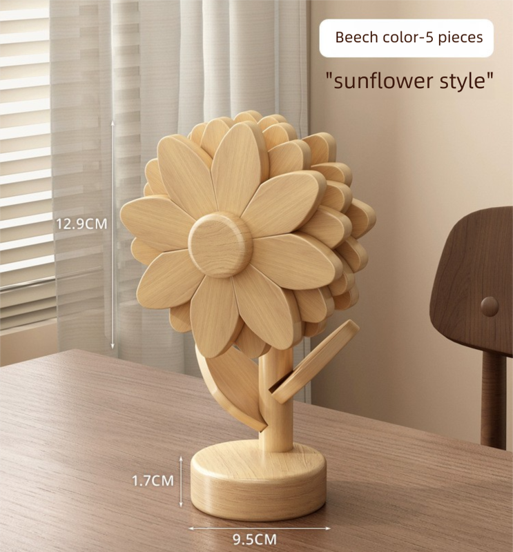 5-Piece Floral-Shaped Trivet Set with Stand - Wooden Heat Resistant Pad for Table, Dish, Pot or Cup(Solid V888-ELOSUNG48384