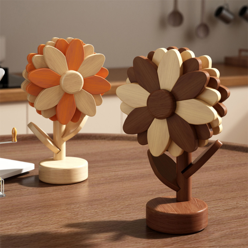 5-Piece Floral-Shaped Trivet Set with Stand - Wooden Heat Resistant Pad for Table, Dish, Pot or Cup(Solid V888-ELOSUNG48384
