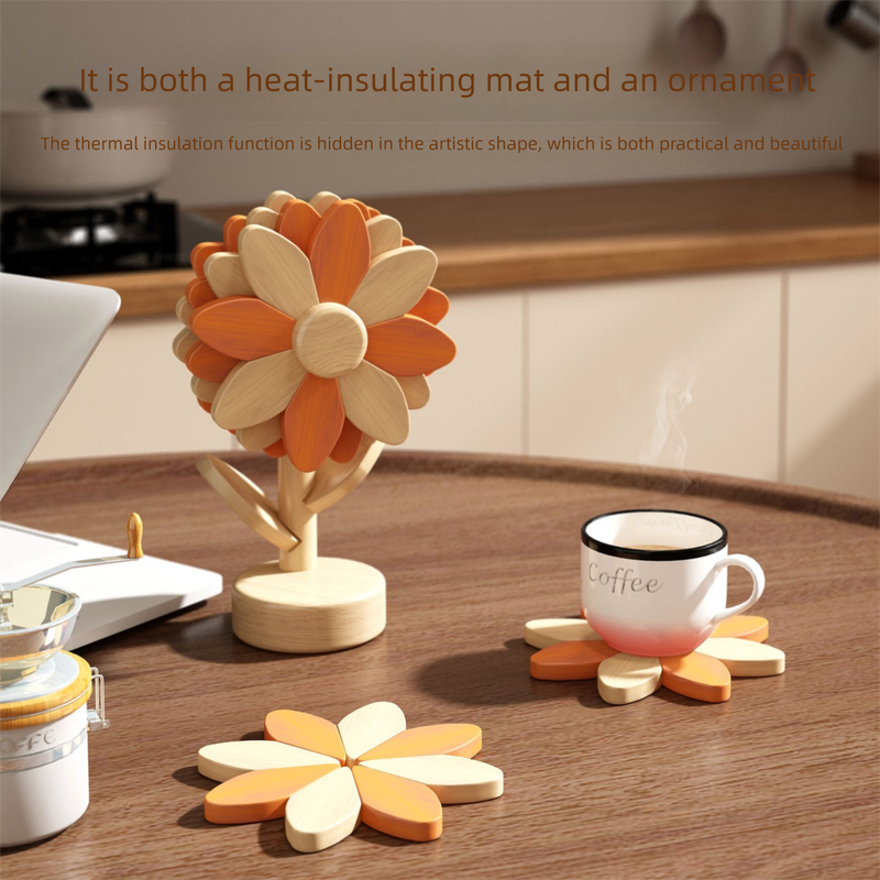 5-Piece Floral-Shaped Trivet Set with Stand - Wooden Heat Resistant Pad for Table, Dish, Pot or Cup(Solid V888-ELOSUNG48384