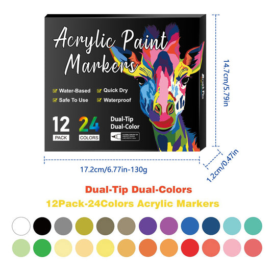 Dual-Tip Acrylic Markers - 12-Pack, Water-Based, Quick-Dry, Waterproof, for Multi-Surface Writing and V888-ELOSUNG48398