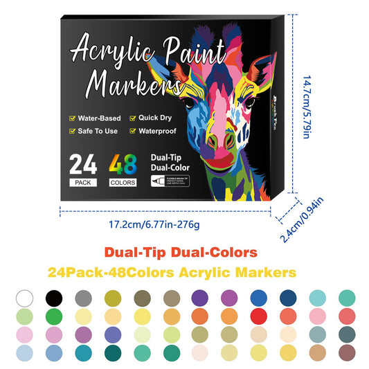 Dual-Tip Acrylic Markers - 24-Pack, Water-Based, Quick-Dry, Waterproof, for Multi-Surface Writing and V888-ELOSUNG48399