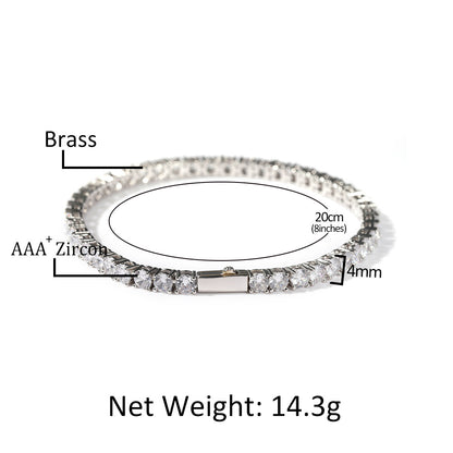Silver Single-Row Zircon Bracelet - 4mm Wide, Brass Base with Secure Clasp, AAA+ Stones for Everyday Wear V888-ELOSUNG48400