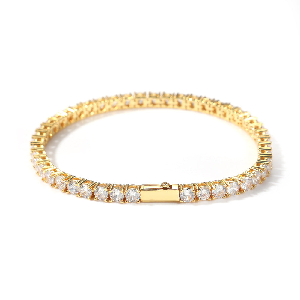 Gold Single-Row Zircon Bracelet - 4mm Wide, Brass Base with Secure Clasp, AAA+ Stones for Everyday Wear V888-ELOSUNG48401