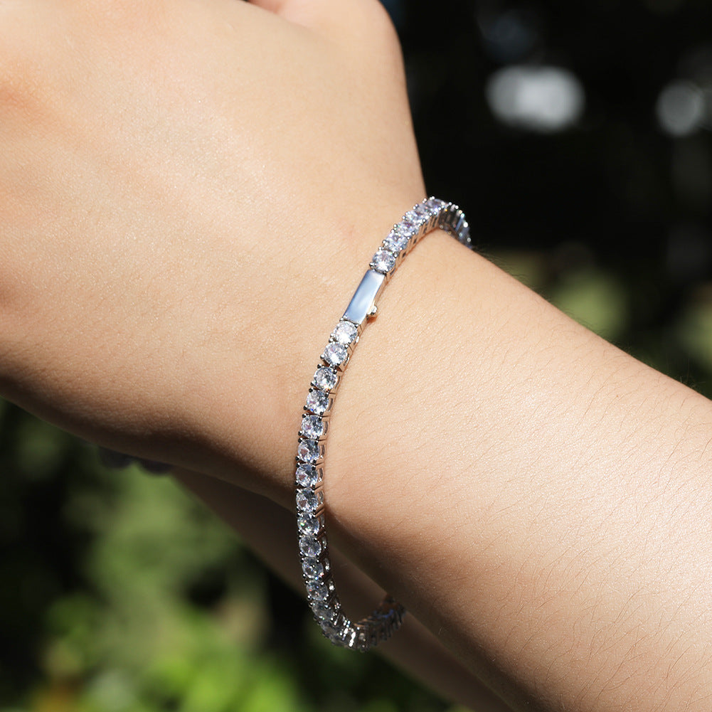 Gold Single-Row Zircon Bracelet - 4mm Wide, Brass Base with Secure Clasp, AAA+ Stones for Everyday Wear V888-ELOSUNG48401