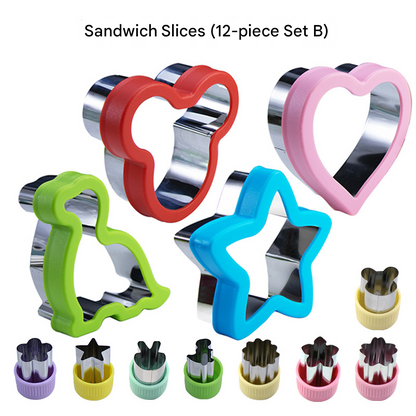 Stainless Steel Food Cutter Set - 12-Piece, Multi-Shape, with PP Press Cover for Sandwich, Cookie, Fruit and V888-ELOSUNG48417