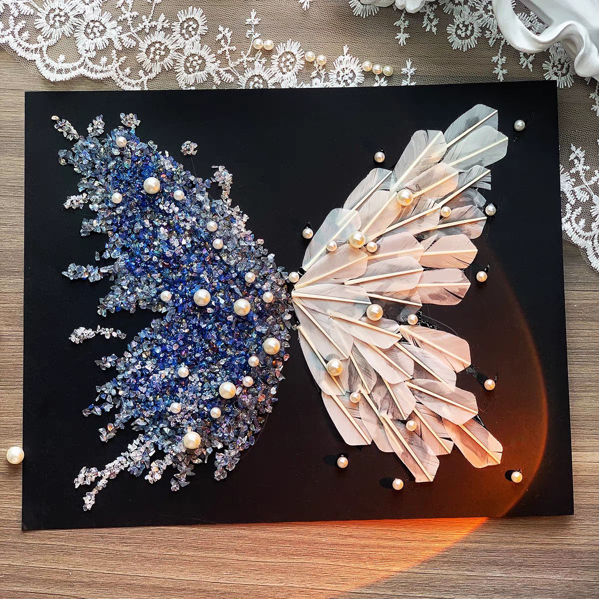 Crystal Feather Butterfly DIY Craft Kit - Handmade Art Material Set with Natural Feathers, Beads and Frame V888-ELOSUNG48418