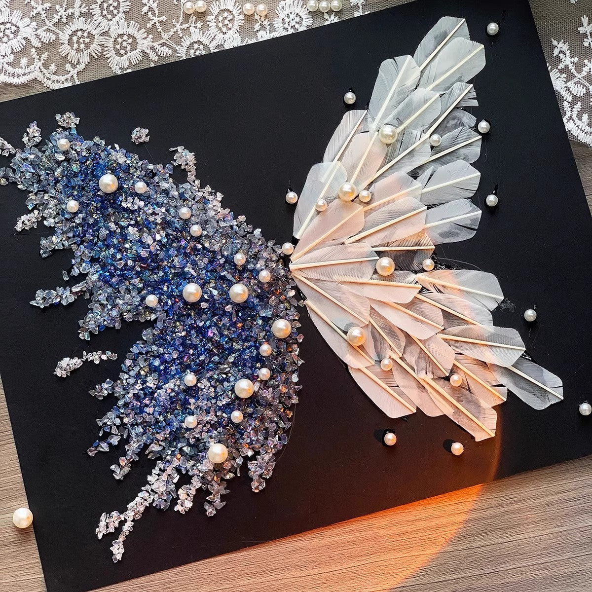 Crystal Feather Butterfly DIY Craft Kit - Handmade Art Material Set with Natural Feathers, Beads and Frame V888-ELOSUNG48418