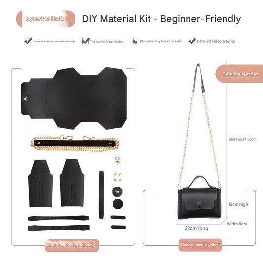 Black Leather Bag DIY Kit - Geometric Shoulder Bag Making Material Set with Pre-Punched Cowhide, Tools for V888-ELOSUNG48420
