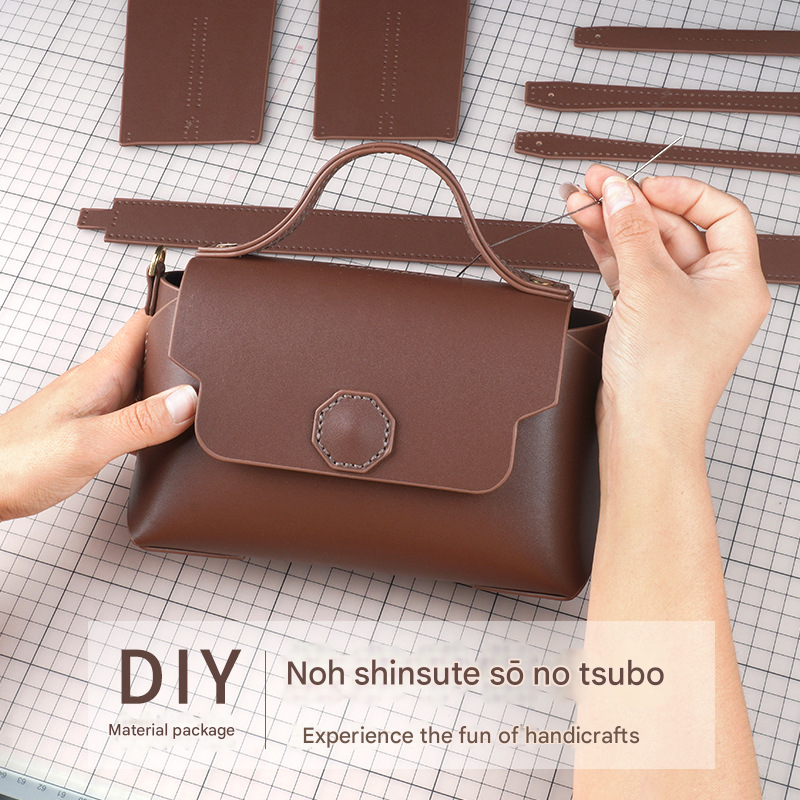 Black Leather Bag DIY Kit - Geometric Shoulder Bag Making Material Set with Pre-Punched Cowhide, Tools for V888-ELOSUNG48420