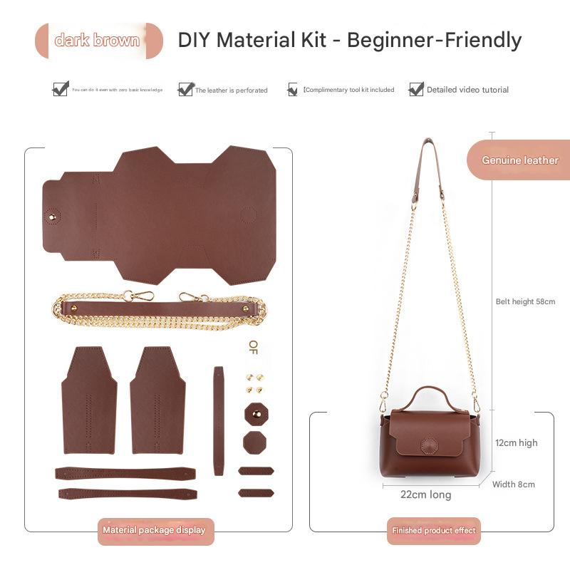 Dark brown Leather Bag DIY Kit - Geometric Shoulder Bag Making Material Set with Pre-Punched Cowhide, Tools V888-ELOSUNG48422
