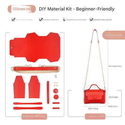 Red Leather Bag DIY Kit - Geometric Shoulder Bag Making Material Set with Pre-Punched Cowhide, Tools for Hand V888-ELOSUNG48424