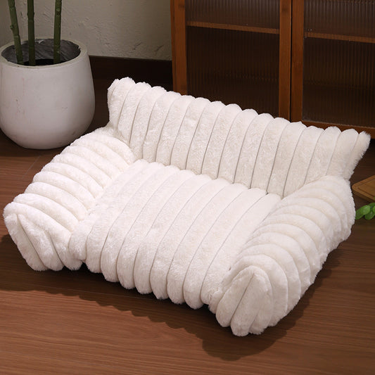 White Plush Ribbed Pet Sofa Bed for Dogs and Cats - Thickened Milk Velvet Cushion, Large Comfy Dog V888-ELOSUNG48459