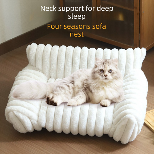 White Plush Ribbed Pet Sofa Bed for Dogs and Cats - Thickened Milk Velvet Cushion, Large Comfy Dog V888-ELOSUNG48459