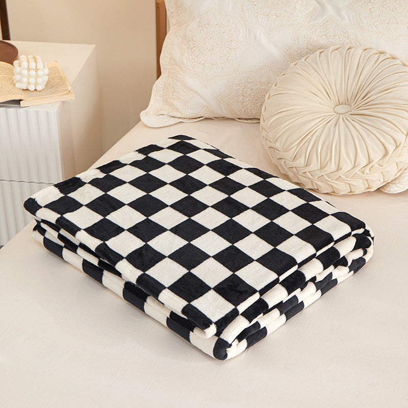 Black and white check Double-Sided Plaid Fleece Blanket - 100x150cm Machine Washable, No-Shedding Flannel V888-ELOSUNG48487