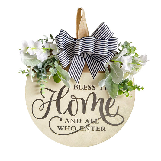 Rustic Wooden Door Hanger - "Bless This Home and All Who Enter" Round Sign with Artificial Flowers & Striped V888-ELOSUNG48509