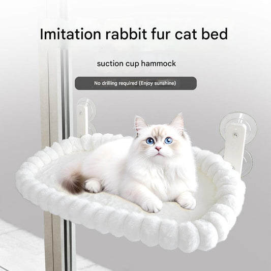 Grey Plush Cat Window Hammock with Strong Suction Cups, Faux Rabbit Fur Pet Bed for Cats and Small Dogs, V888-ELOSUNG48636