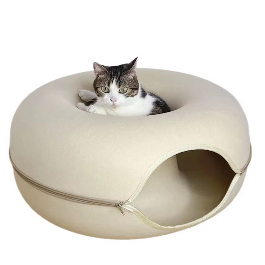 Beige Felt Donut Cat Bed with Zipper Tunnel Toy, Double-Layer Pet Cave for Cats, M Size (50x20cm), Cozy V888-ELOSUNG48637
